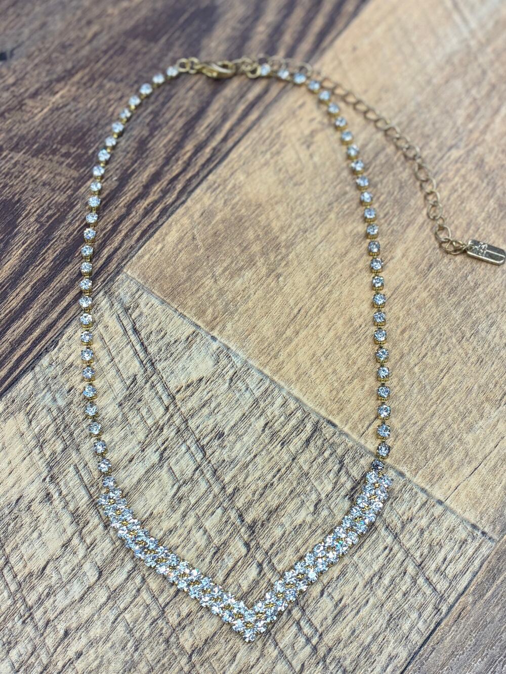 VTG Tour De Cou Gold Tone Art Deco Rhinestone V-Neck Elegant Necklace